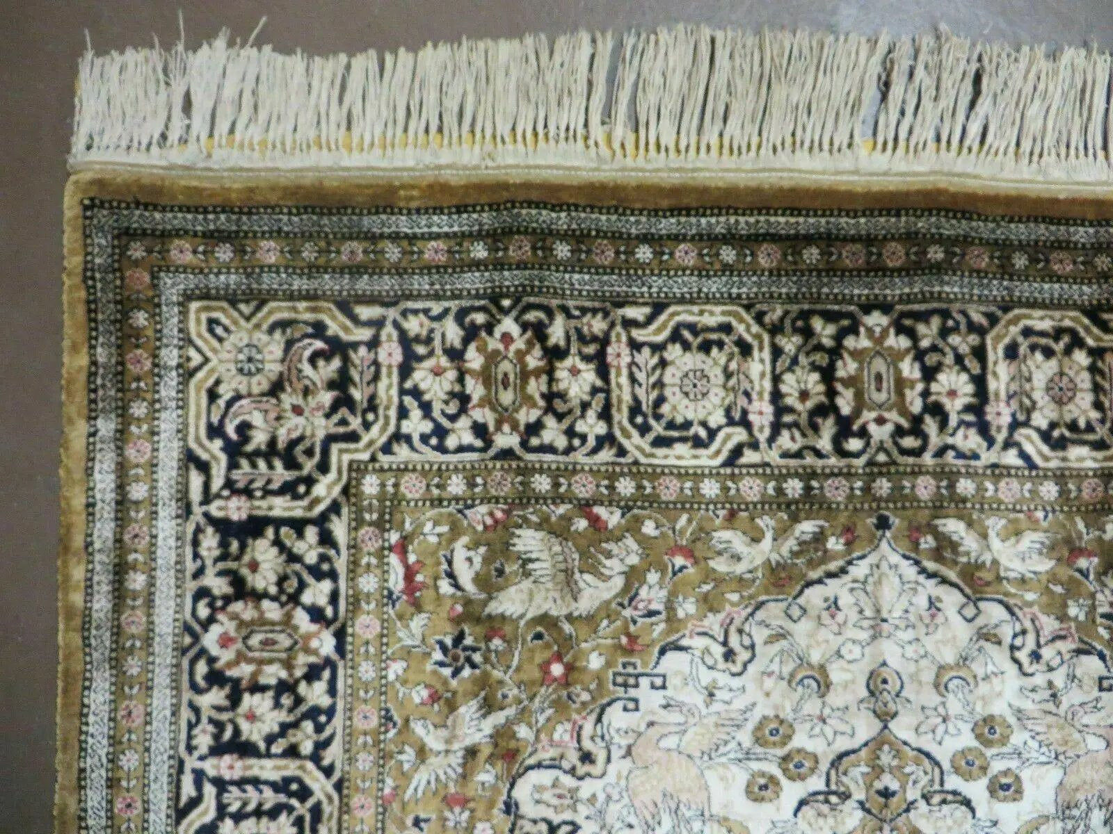 Handmade Silk Rug 3x5, Vintage Antique Silk Carpet, Hand-Knotted Oriental Rug 3 x 5, Animal Motifs, Deer Birds, One-Of-A-Kind by Jewel Rugs