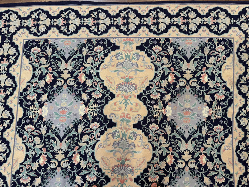 Needlepoint Rug 6x9, Ivory and Navy Blue by Jewel Rugs