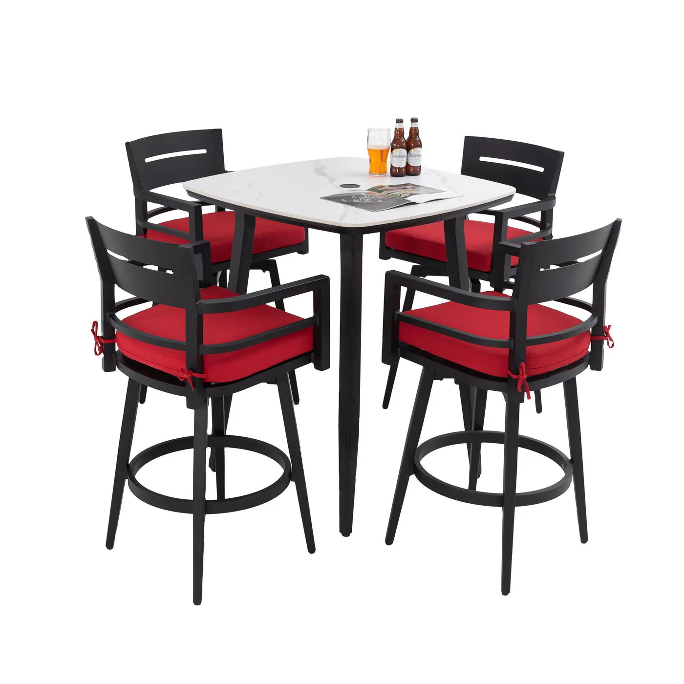 5 Pieces Outdoor Patio Bar Set, Rounded Square Sintered Stone Table & 4 Swivel Bar Chairs by HouseOfZazla