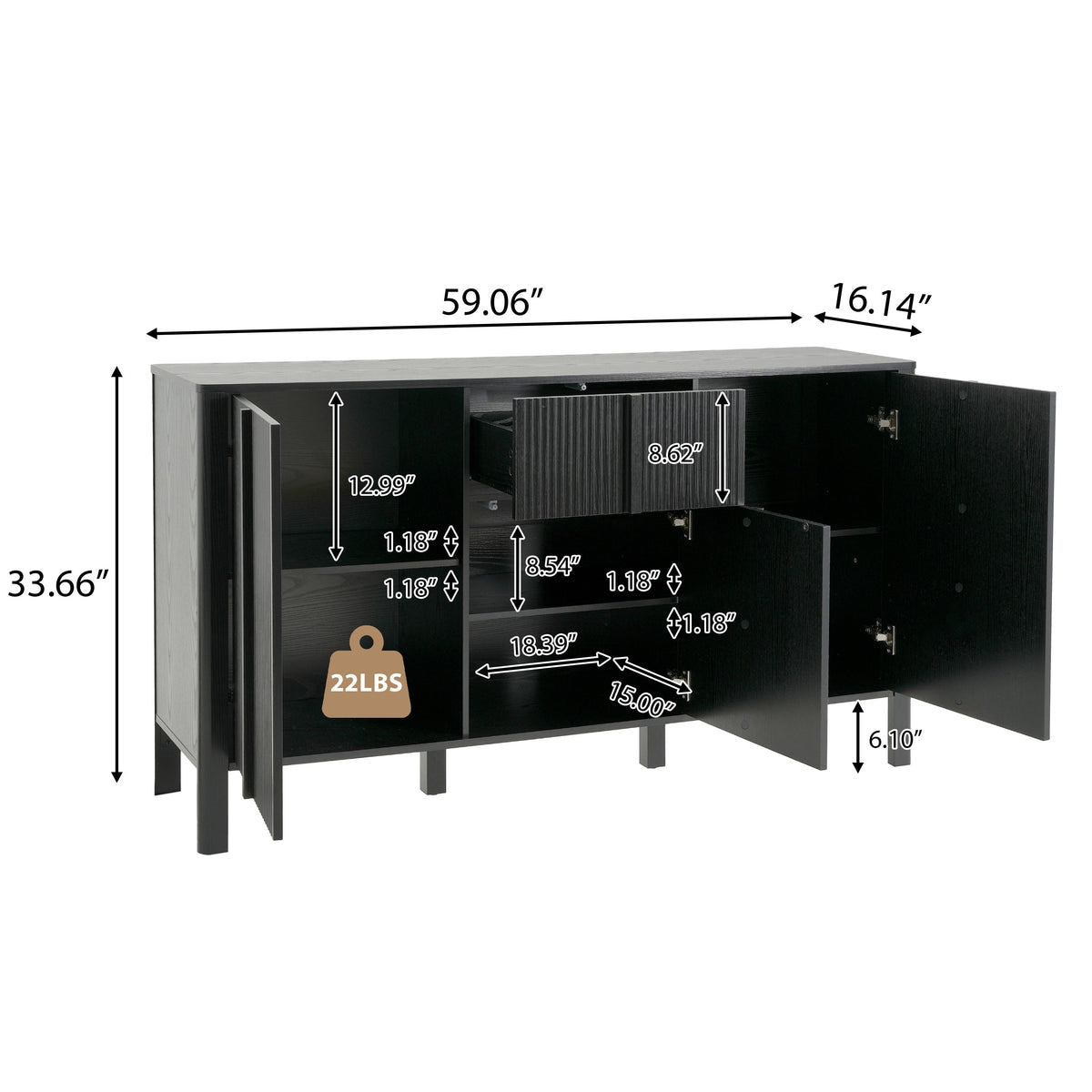 Black Sideboard with Storage - Modern MDF Credenza - Black, photo 4 of 10