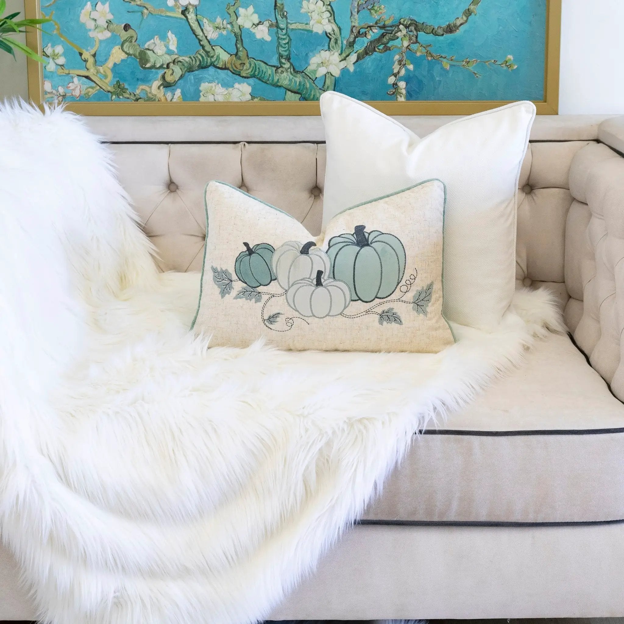 Pastel Harvest Lumbar Pillow – Misty Blue Fall Accent Cushion by HouseOfZazla