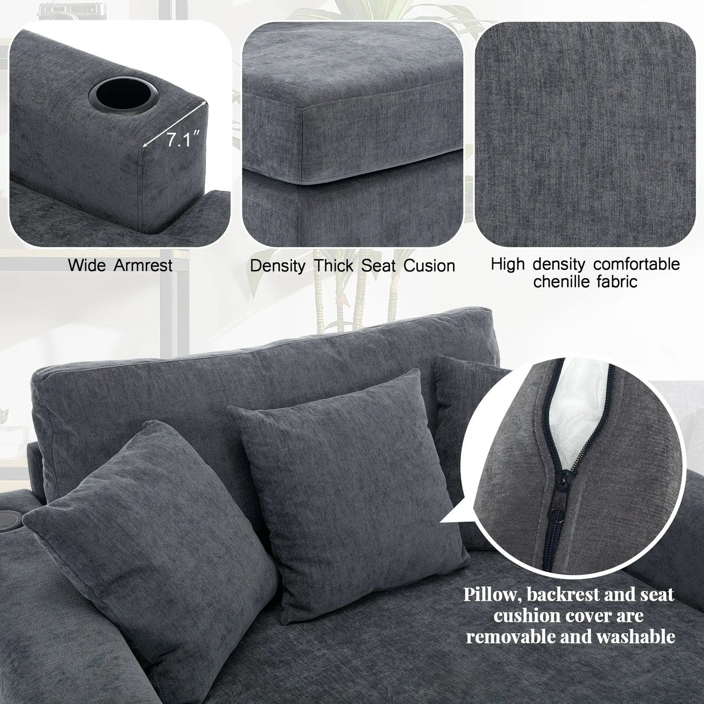 Oversized Chaise Lounger Modern Style Sofa Couch With Pillows, Charge Station & Cup Holders by HouseOfZazla