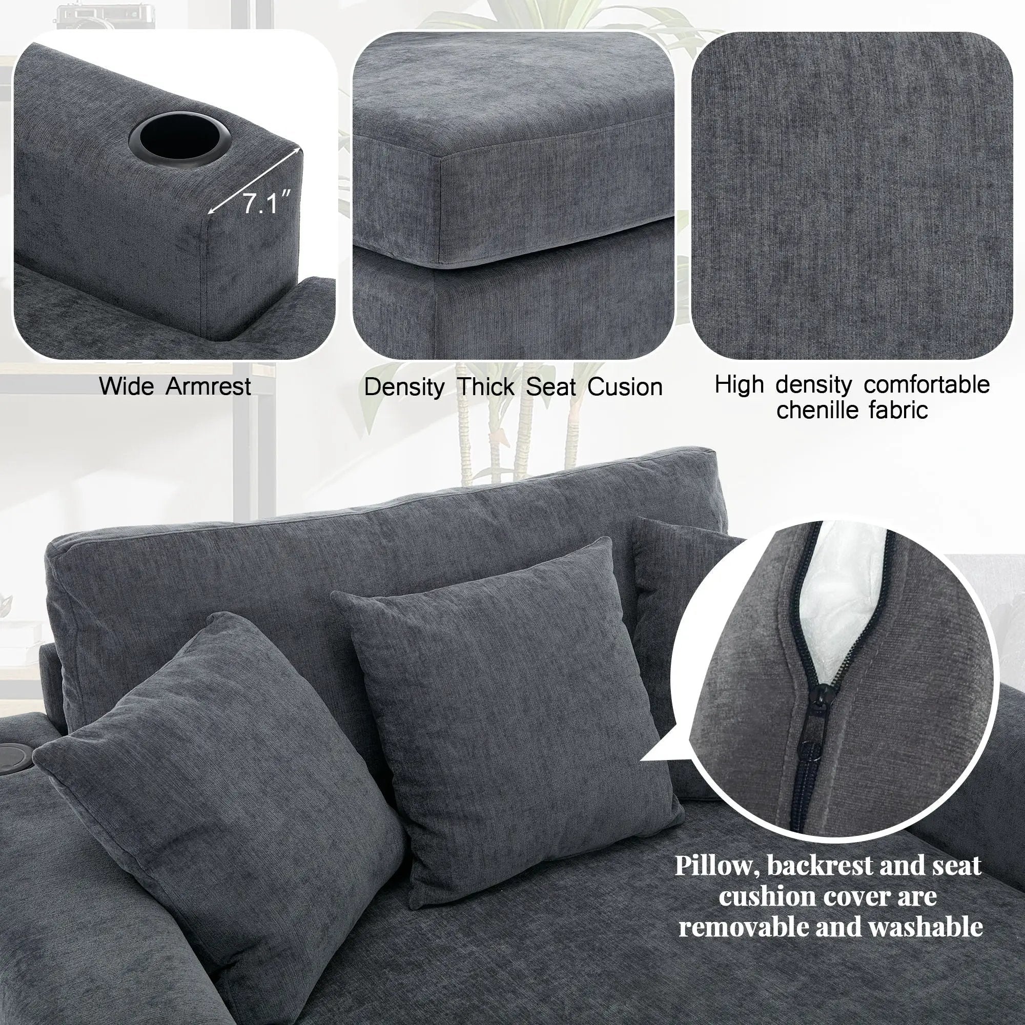Oversized Chaise Lounger Modern Style Sofa Couch With Pillows, Charge Station & Cup Holders by HouseOfZazla