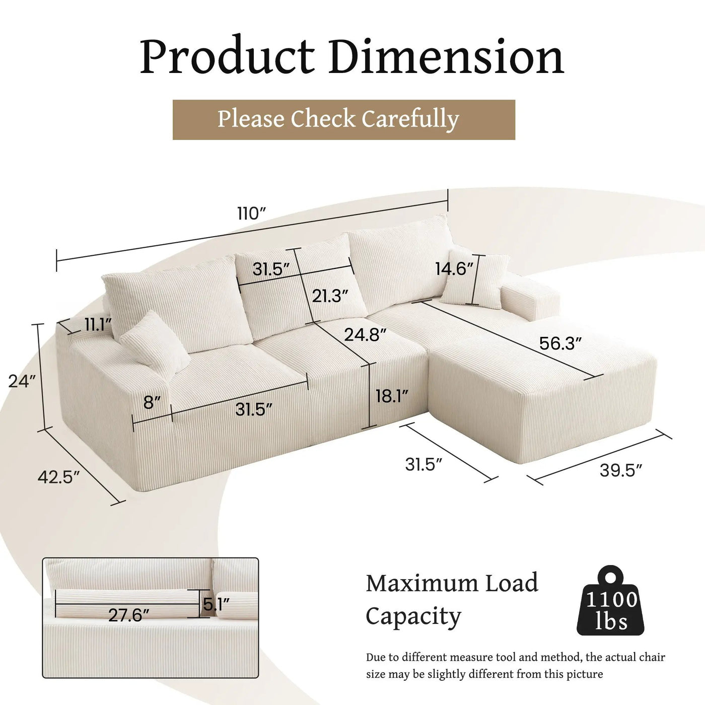 L Shaped Sectional Sofa, Full Compression 3 Seater Cloud Couch With Chaise by Unique Piece Furniture