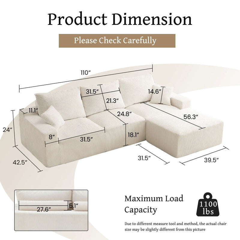 L Shaped Sectional Sofa, Full Compression 3 Seater Cloud Couch With Chaise by HouseOfZazla