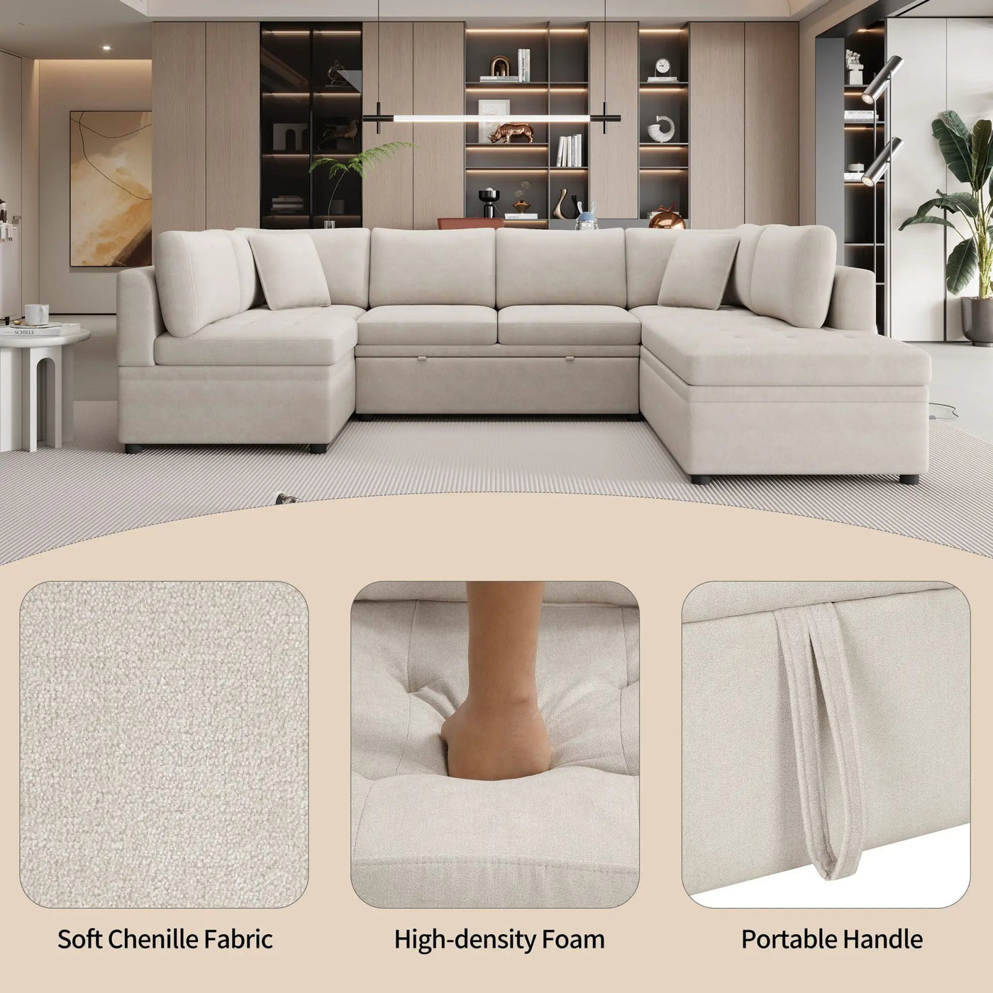 Oversized Sectional Sofa U-Shaped Sofa Couch Pull-Out Sofa Bed With Two Throw Pillows For Living Room by HouseOfZazla