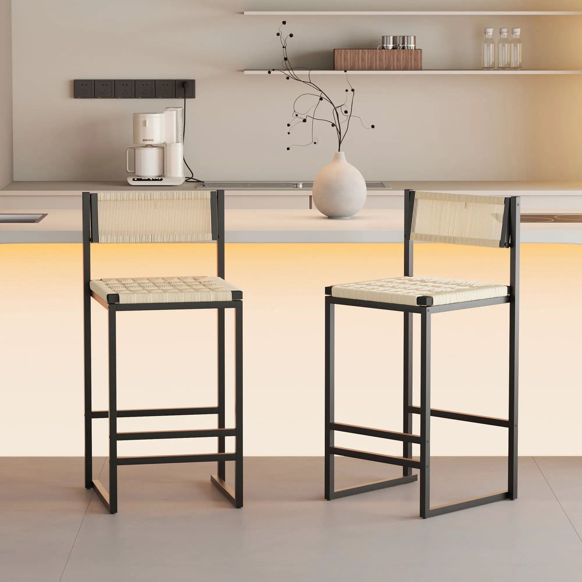 Style B, Woven Bar Stools With Backrest, Paper Rope Weave Dining Chairs For Kitchen Island - Creamy White by HouseOfZazla