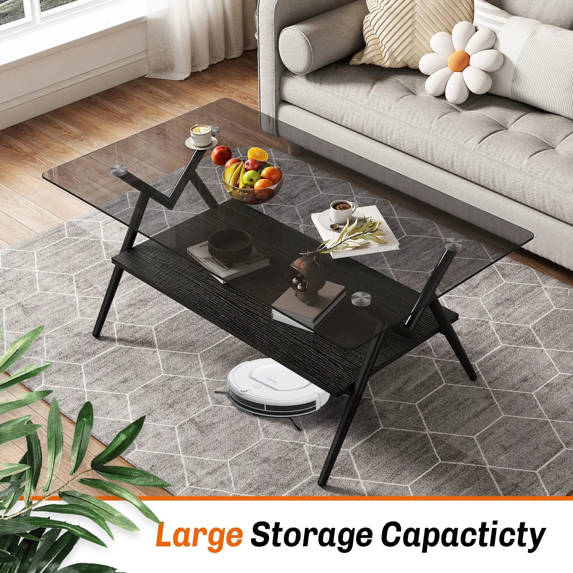 Rectangle Coffee Table With Tempered Glass Top And Shelf, Modern Table For Living Room by Unique Piece Furniture