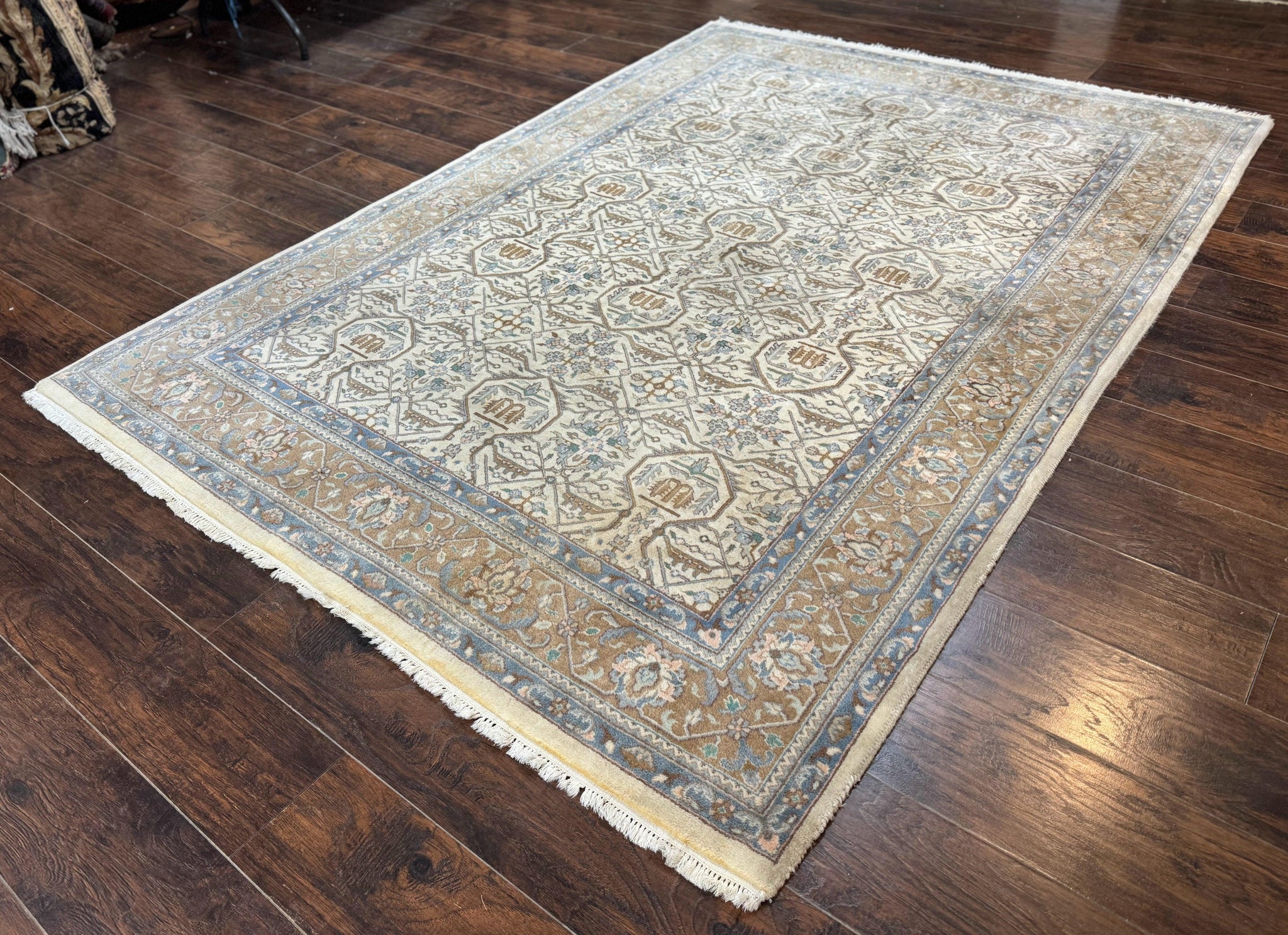 Indo Persian Rug 6x9, Beige, Allover Pattern, Vintage Wool Oriental Carpet by Jewel Rugs