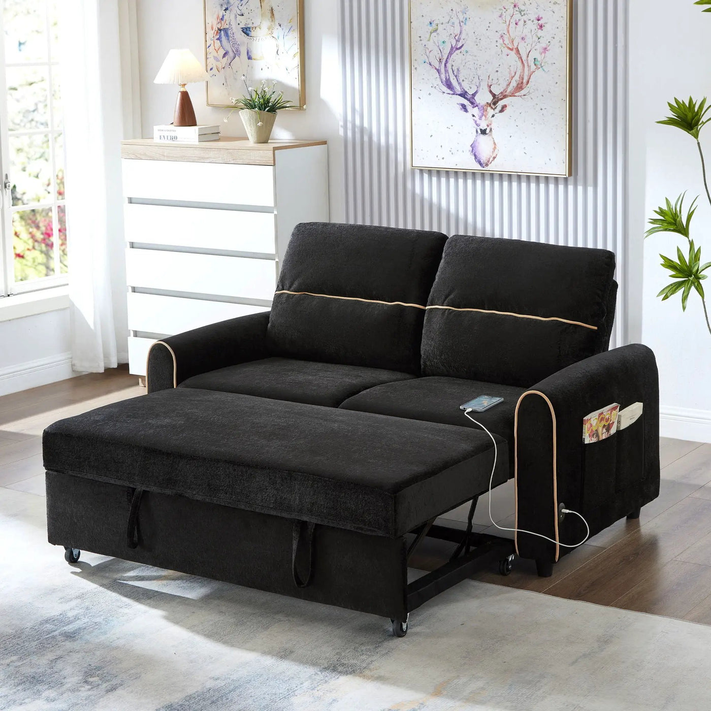 Pull Out Sofa Bed With Adjustable 3 Position Backrest, USB Charging Ports, Side Pockets by Unique Piece Furniture