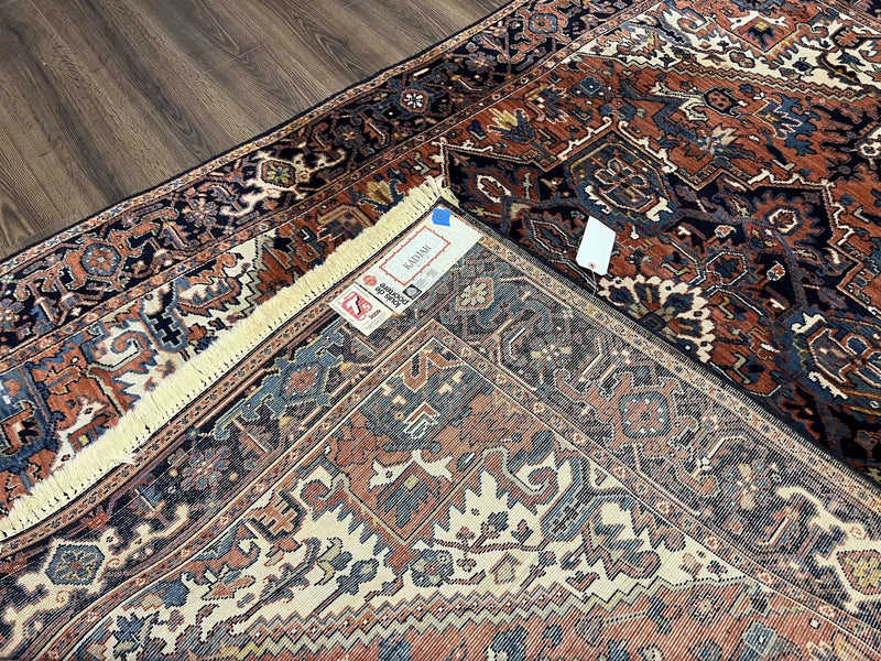 Heriz Rug 5.6 x 8, Geometric Medallion, Wool Oriental Carpet, Tribal Boho Rug, Red Navy Blue Cream, Belgium Power Loomed Rug, Medium Sized by Jewel Rugs