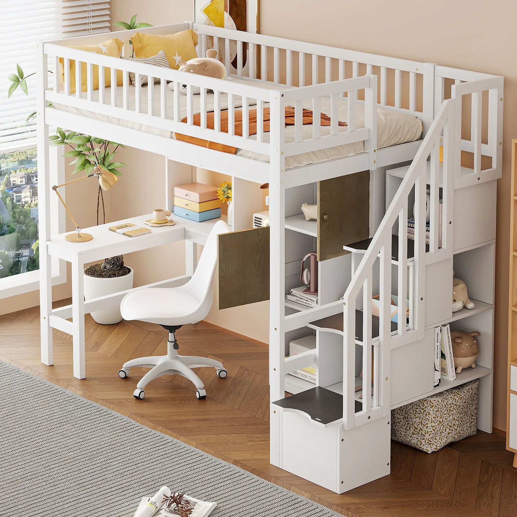 Loft Bed With Built In L Shaped Desk, LED Lights, Storage Shelves, Cabinets, And Staircase by HouseOfZazla