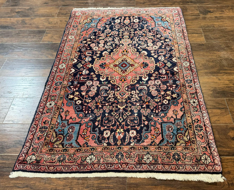 Persian Rug 3x5, Jozan Sarouk Rug, Navy Blue and Coral, Medallion Rug, Semi Antique by Jewel Rugs