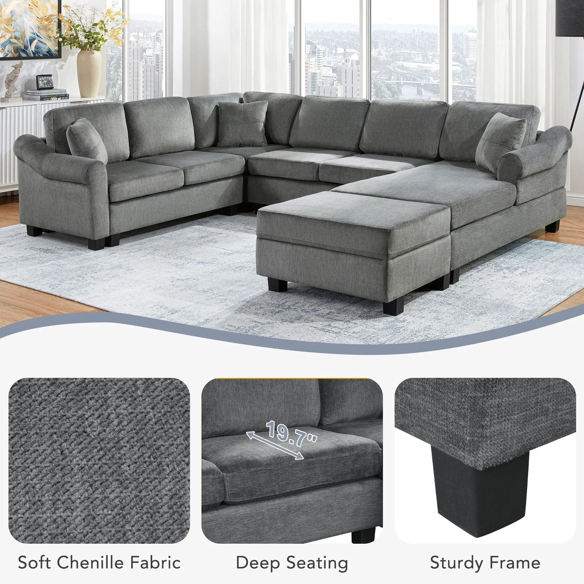 Contemporary U - Shaped Sectional Sofa With Movable Storage Ottoman by Unique Piece Furniture