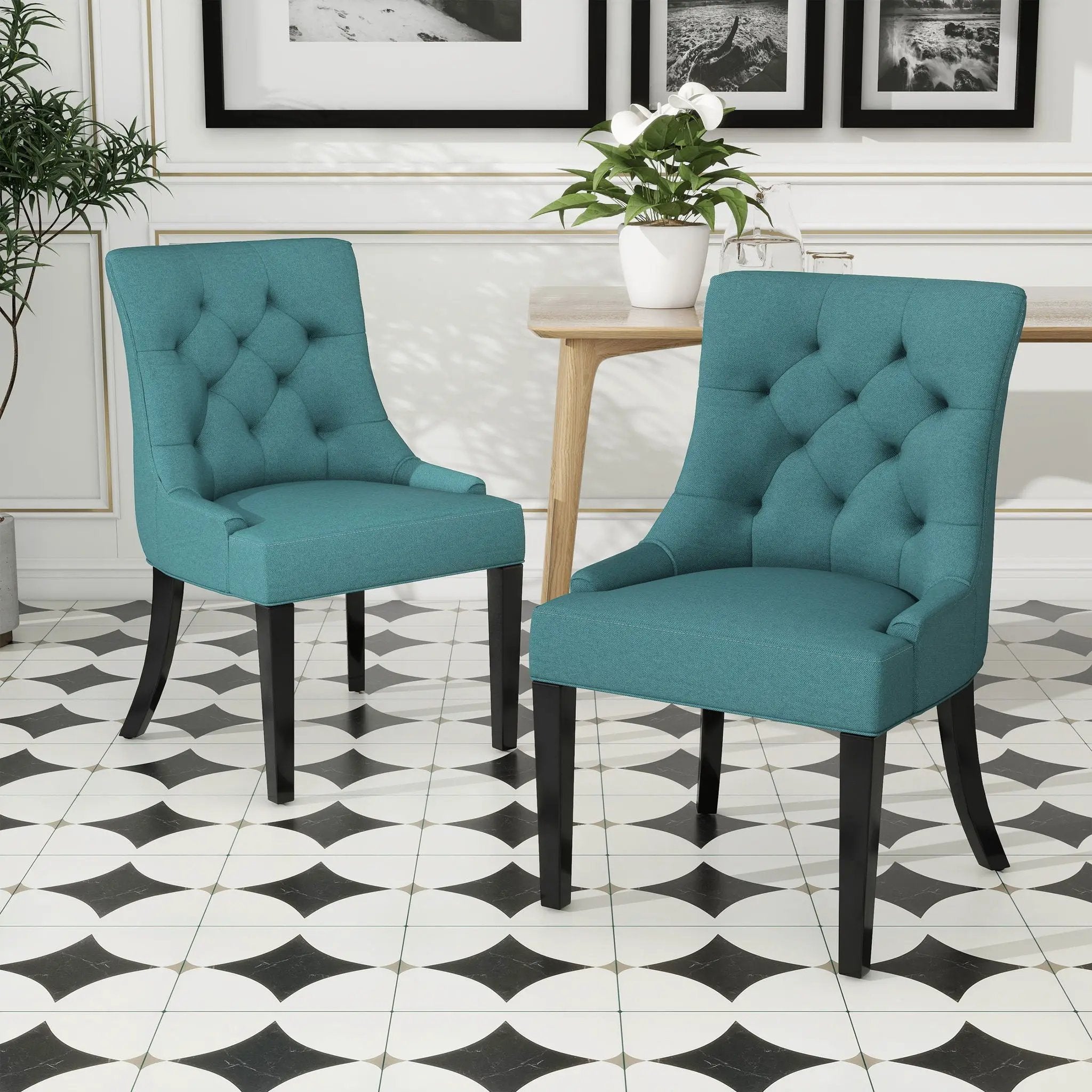 Dining Chair Set of 2 With Upholstered Diamond Tufting And Espresso Birch Legs - Teal by HouseOfZazla