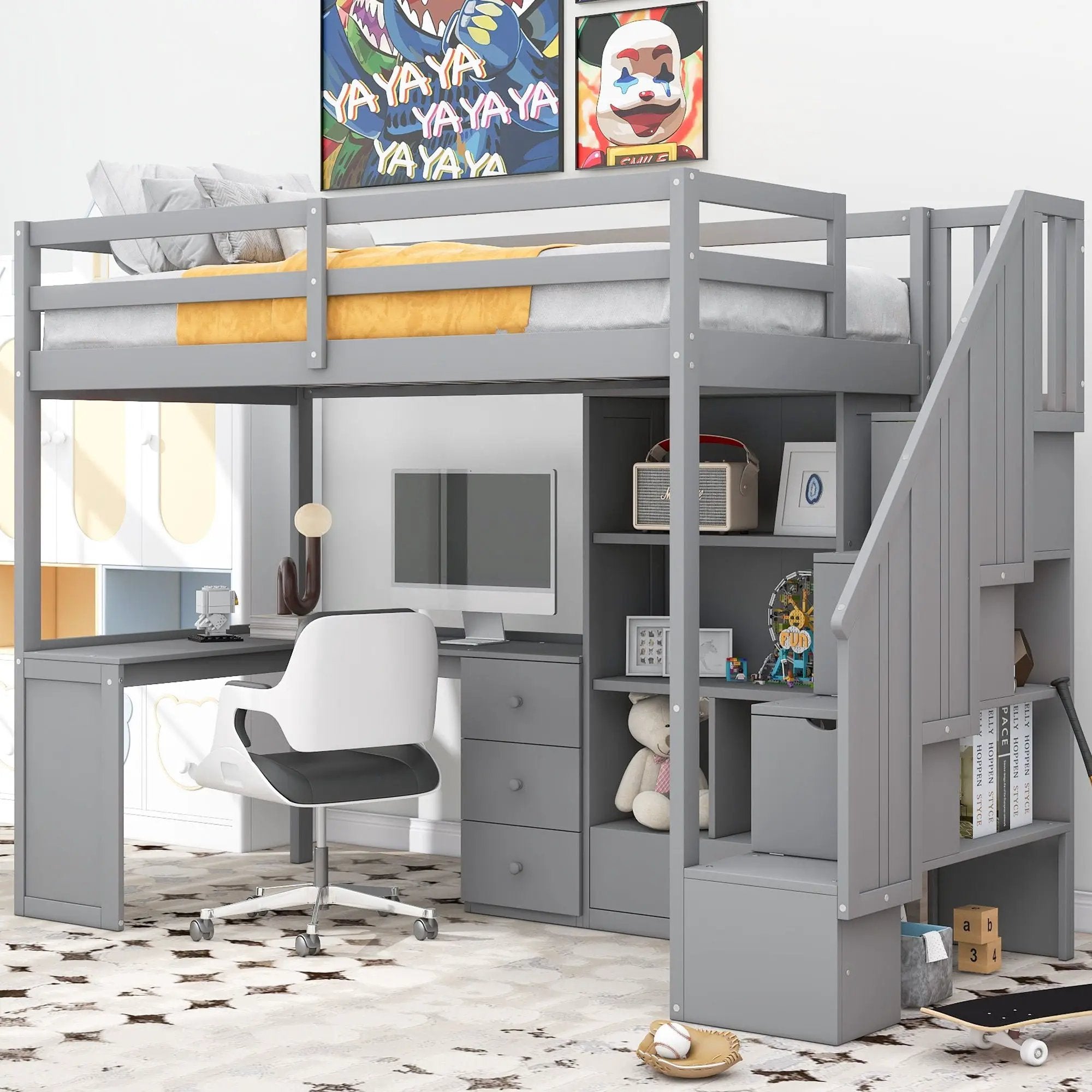 Loft Bed With L Shaped Desk, Drawers, Cabinet, And Storage Staircase by Unique Piece Furniture