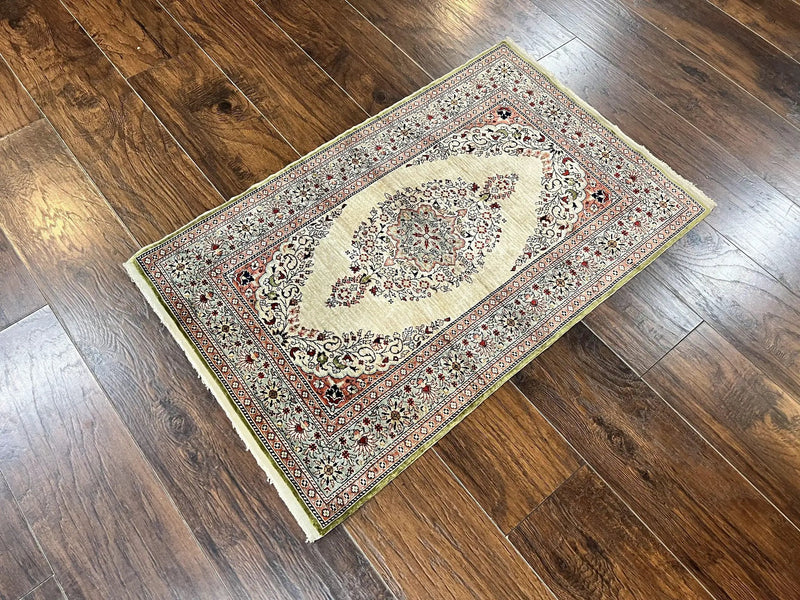 Silk Turkish Kayseri Rug 2x3, Very Finely Hand Knotted, Semi Open Field, Vintage, Silk Pile on Silk Foundation, 300 KPSI by Jewel Rugs