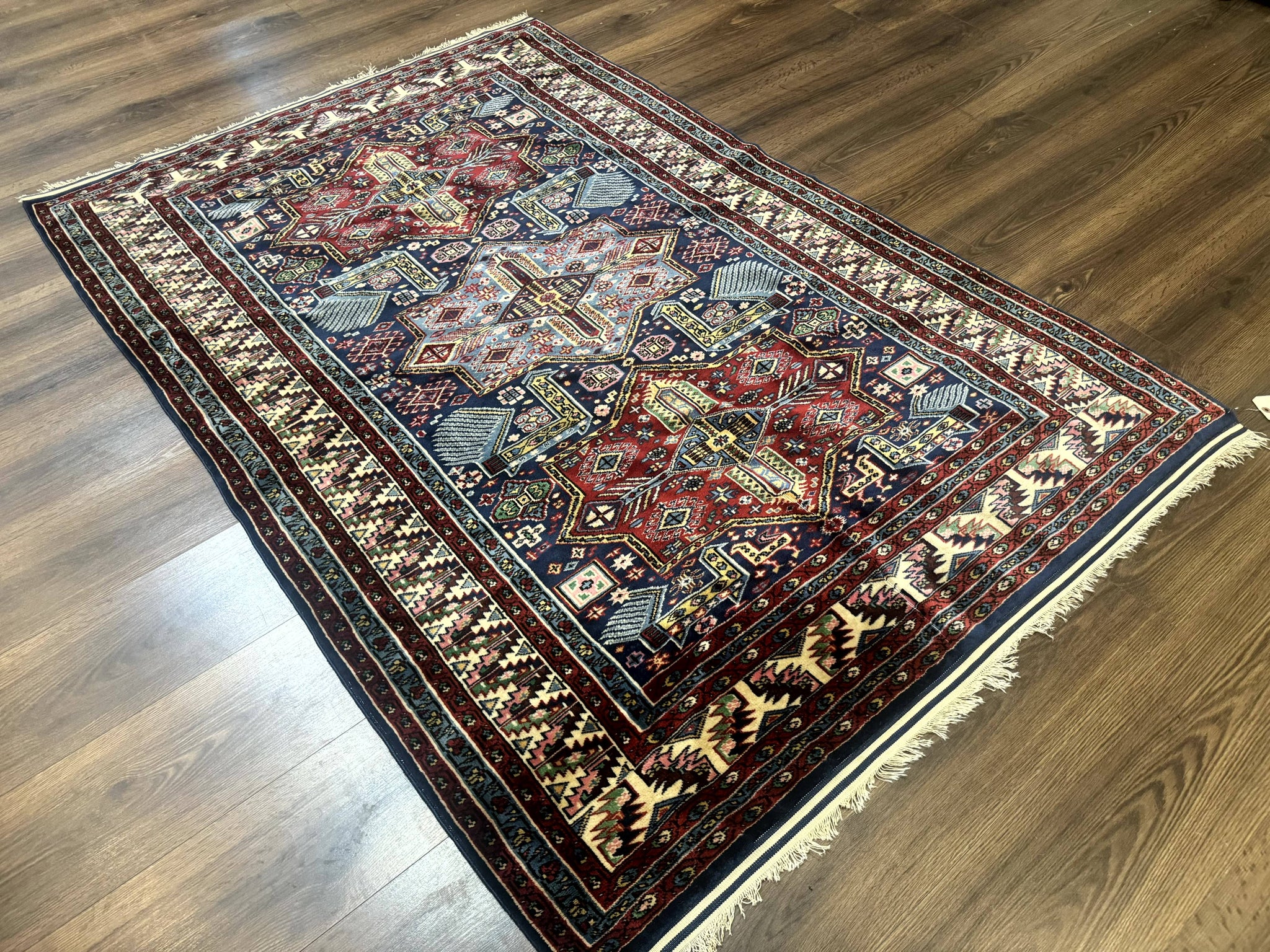 Indian Rug with Caucasian Design, 4x6 Geometric Carpet, Navy Blue and Cream by Jewel Rugs