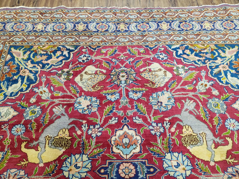 Antique Turkish Sivas Area Rug 8x11, Hand-Knotted, Vintage Red Wool Carpet, Gazelles Lions, Boteh Border, 8' x 11' Top Quality Oriental Rug by Jewel Rugs