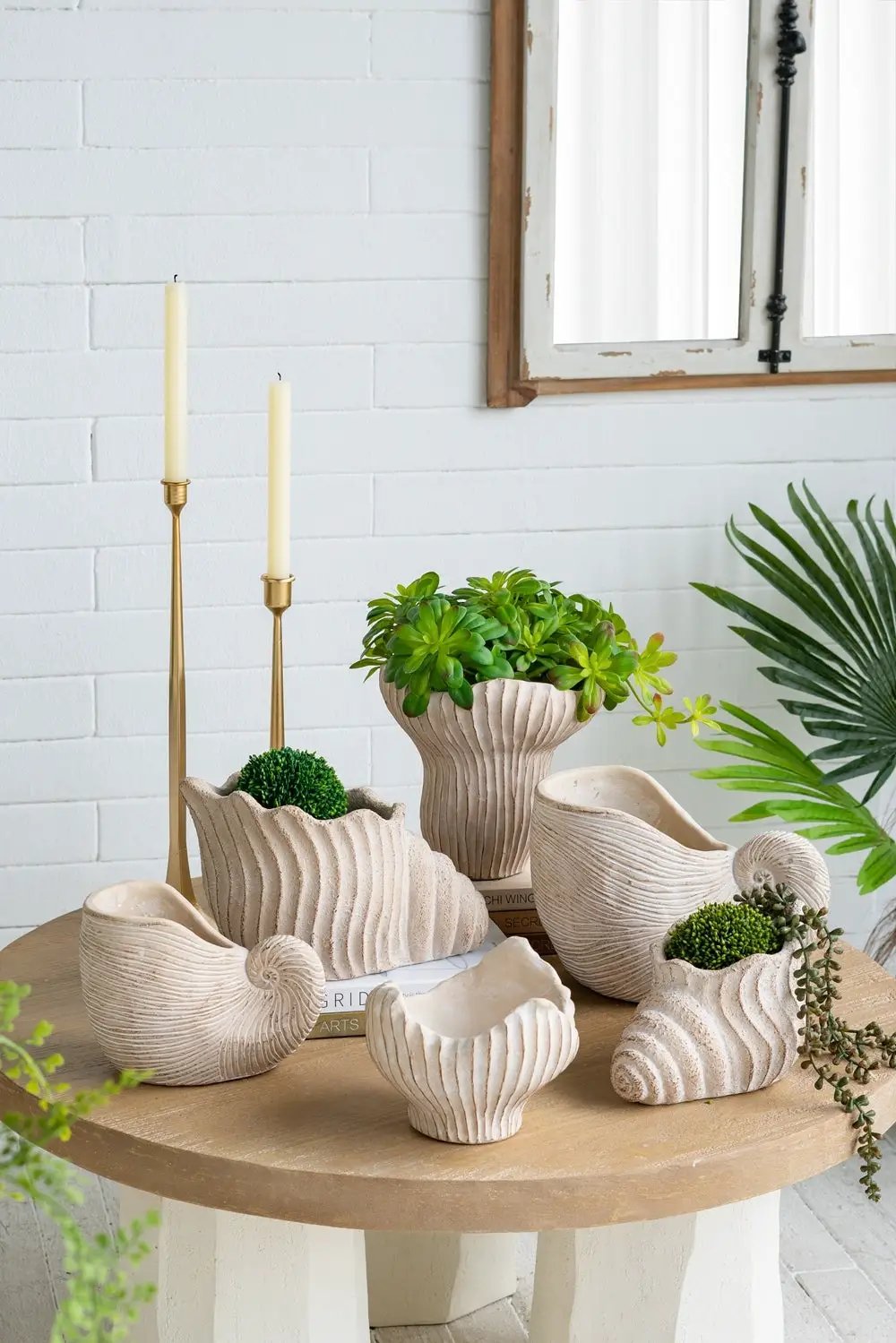 11.5x7x7' Sand and Cement Nautilus Shell Planter with Textured Beige Finish by HouseOfZazla