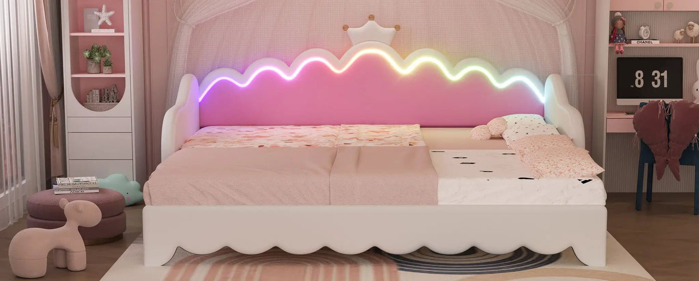 Extending Daybed With LED Lights, Modern Upholstered Princess Daybed With Crown Headboard by HouseOfZazla