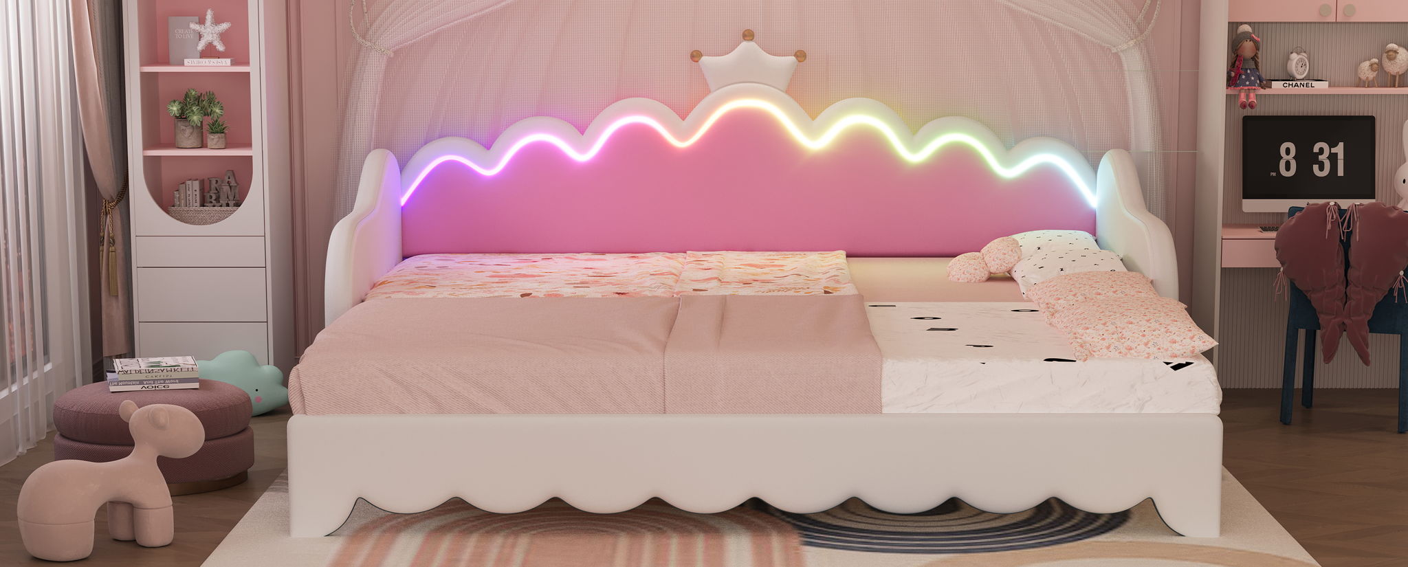 Extending Daybed With LED Lights, Modern Upholstered Princess Daybed With Crown Headboard by HouseOfZazla