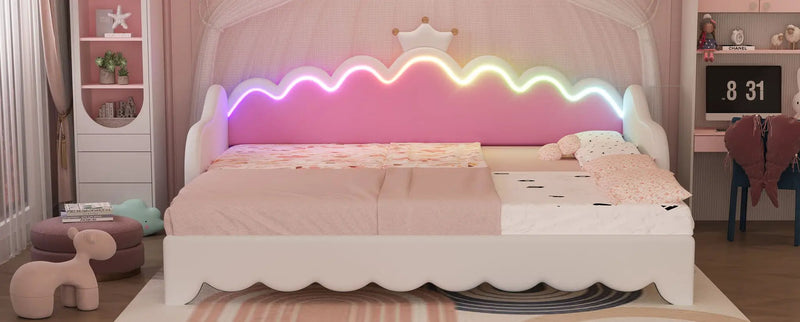 Extending Daybed With LED Lights, Modern Upholstered Princess Daybed With Crown Headboard by HouseOfZazla