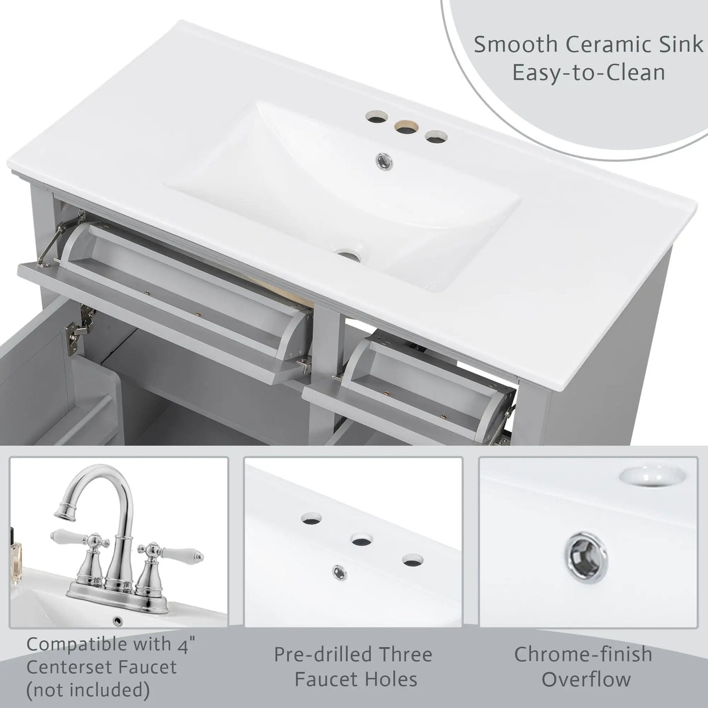 36" Bathroom Vanity With Sink, 2 Tip-Out Drawers, Soft Close Hinges by HouseOfZazla