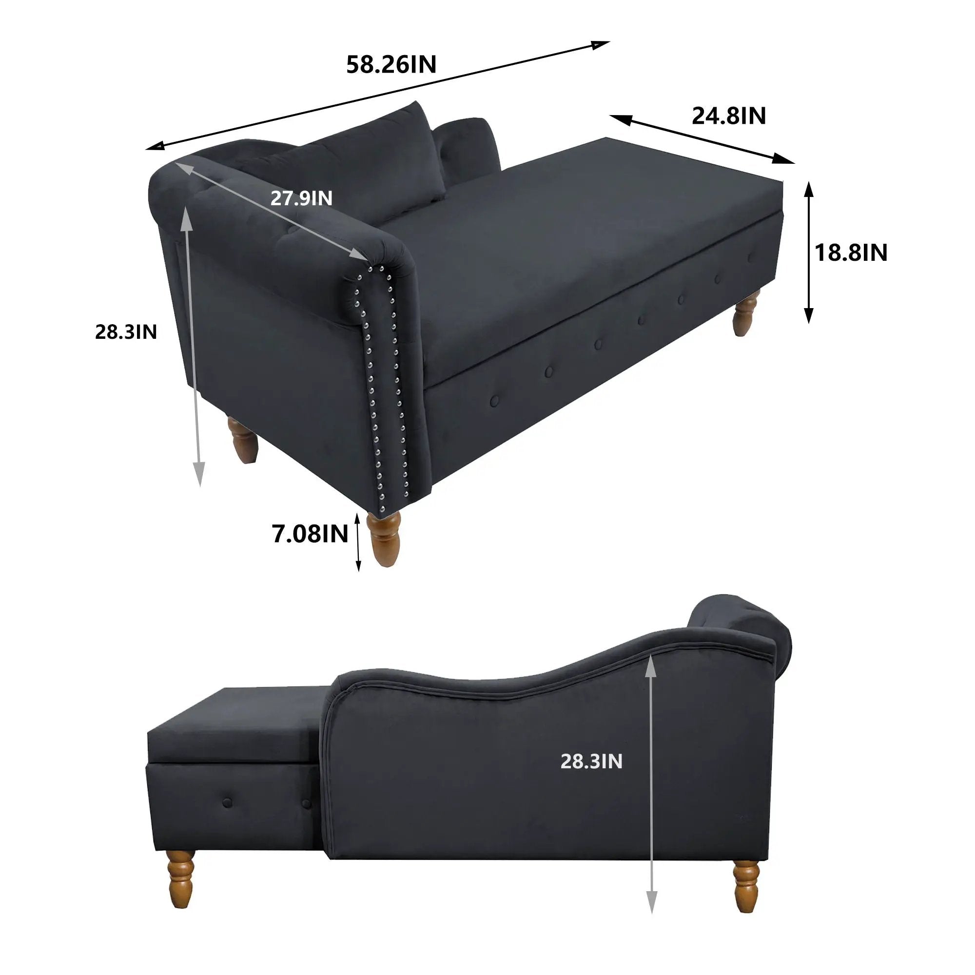 Chaise Lounge Indoor, Lounge Chair For Bedroom With Storage & Pillow, Modern Upholstered Rolled Arm Chase Lounge For Sleeping With Nailhead Trim For Living Room Bedroom Office by HouseOfZazla