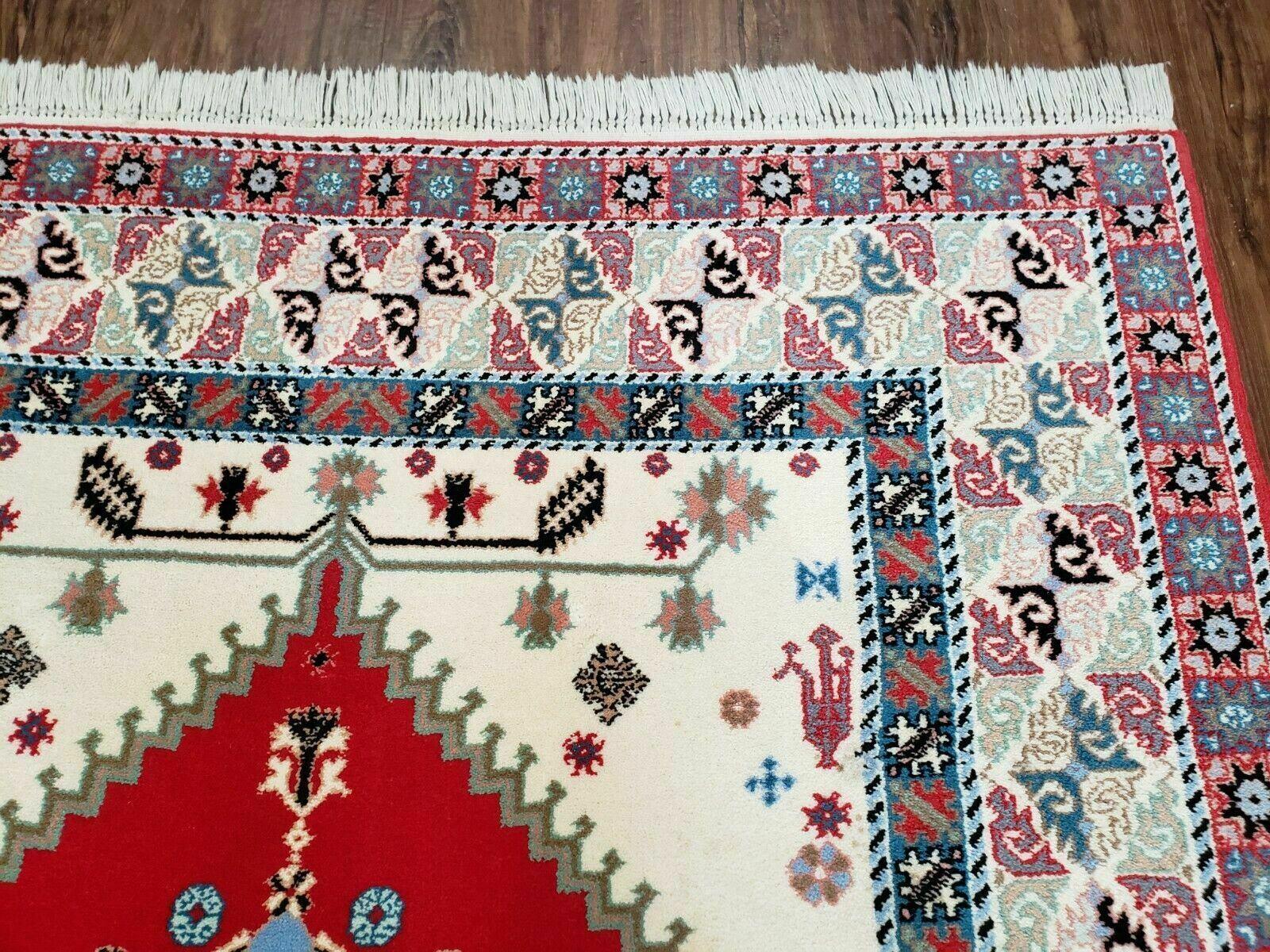 Vintage Moroccan Carpet 5x7 Area Rug, Berber Rug, Handmade Soft Wool Rug, Red Ivory and Blue, Geometric Medallion Rug, Bohemian Rug, Nice by Jewel Rugs