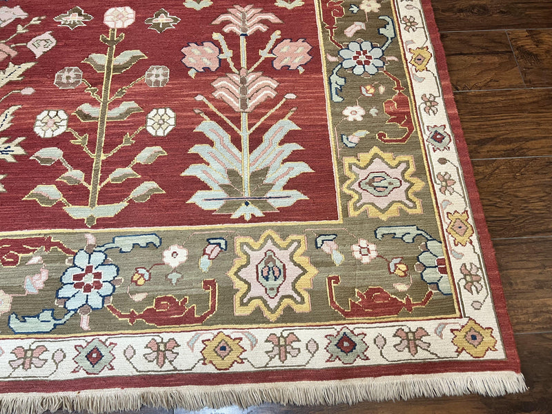 Indian Rug 10x14, Wool Hand Knotted Flatweave Carpet, Tree of Life, Red and Green by Jewel Rugs