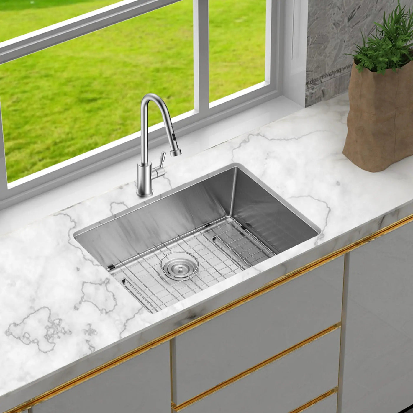 Modern Undermount Stainless Steel Kitchen Sink 16 Gauge, Deep Single Bowl by HouseOfZazla