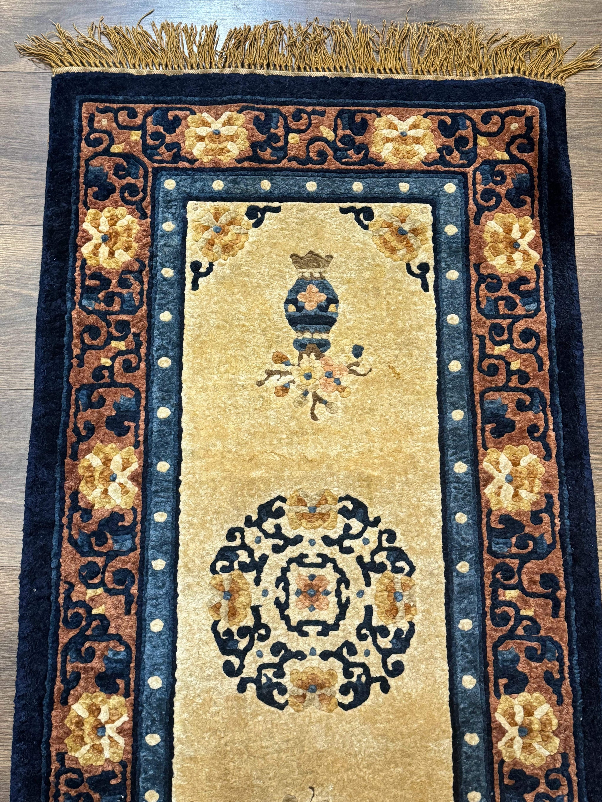 Silk Chinese Rug 2x4, Peking Carpet, Golden-Beige and Blue, Hand Knotted, Simple Design by Jewel Rugs