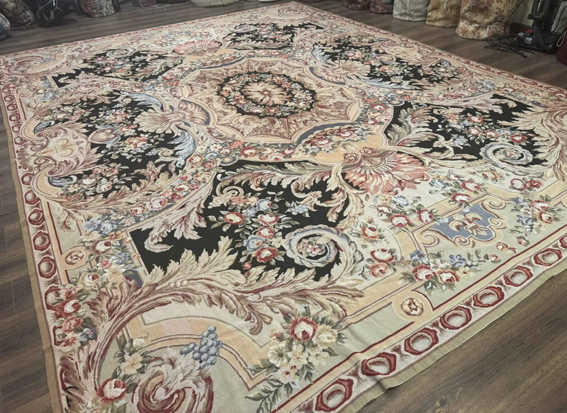 Wonderful Needlepoint Rug 10x14, Large Aubusson Carpet, Floral, Elegant, European Design by Jewel Rugs