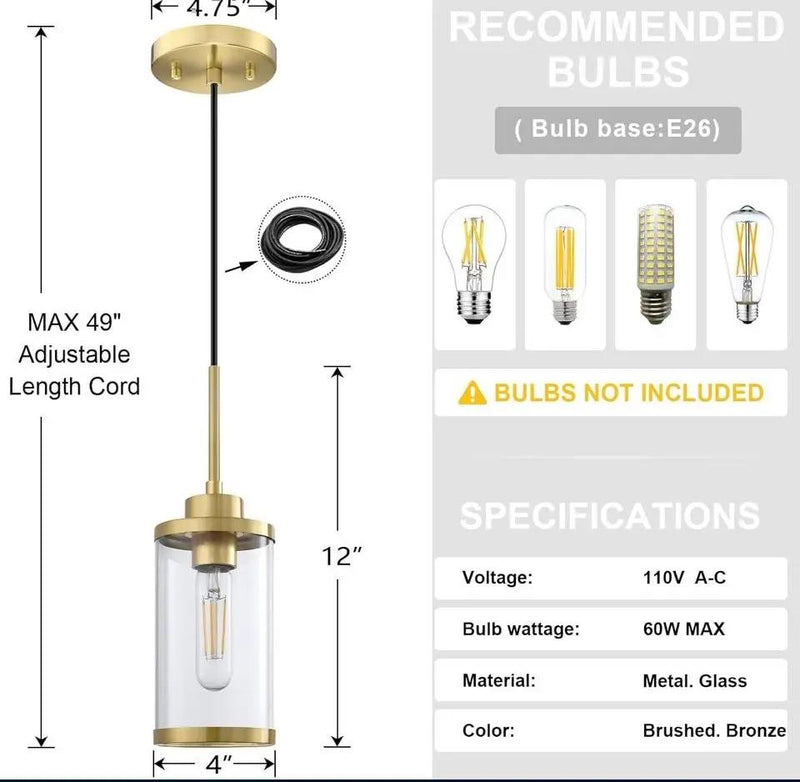 RAINLIGHTING 3 Pack 1 Light Modern Industrial Farmhouse Hanging Kitchen Island Pendant Ceiling Light Fixture, Clear Glass Brushed Bronze Finish Over Sink Restaurant bar Corridor by Selzalot