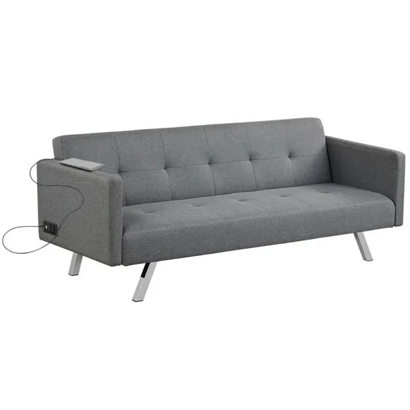 3 Seat Convertible Linen Fabric Futon Sofa with USB and Power Strip by DirectDeals