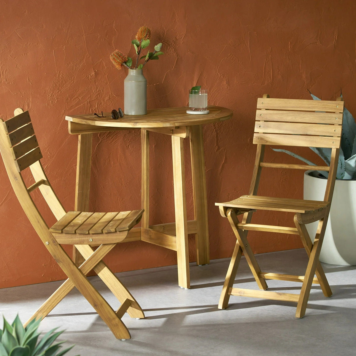 Acacia Wood 3 Piece Folding Bistro Set with Space-Saving Design - Natural