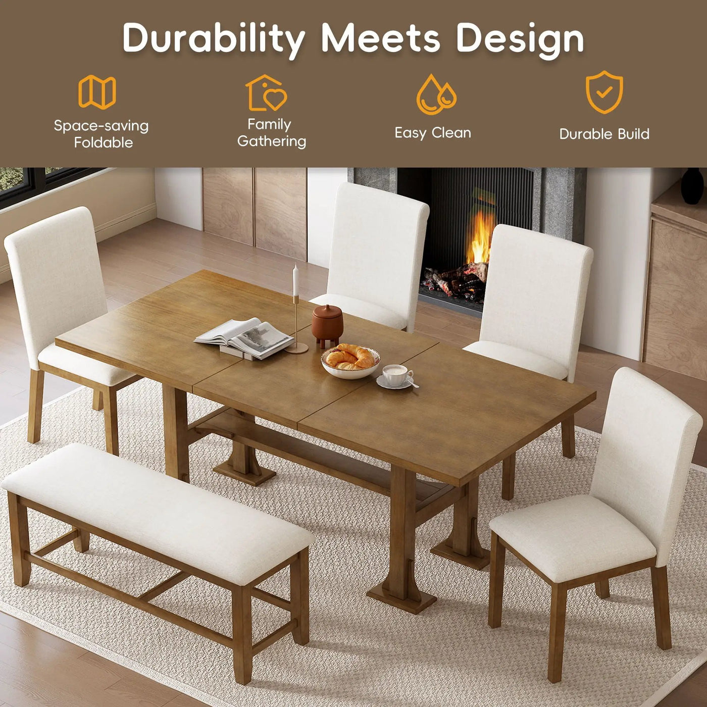 Topmax - 6 Piece Farmhouse Extendable Dining Table Set Trestle Kitchen Table Set With Removable Leaf And Upholstered Dining Chair And Bench For Dining Room by Unique Piece Furniture