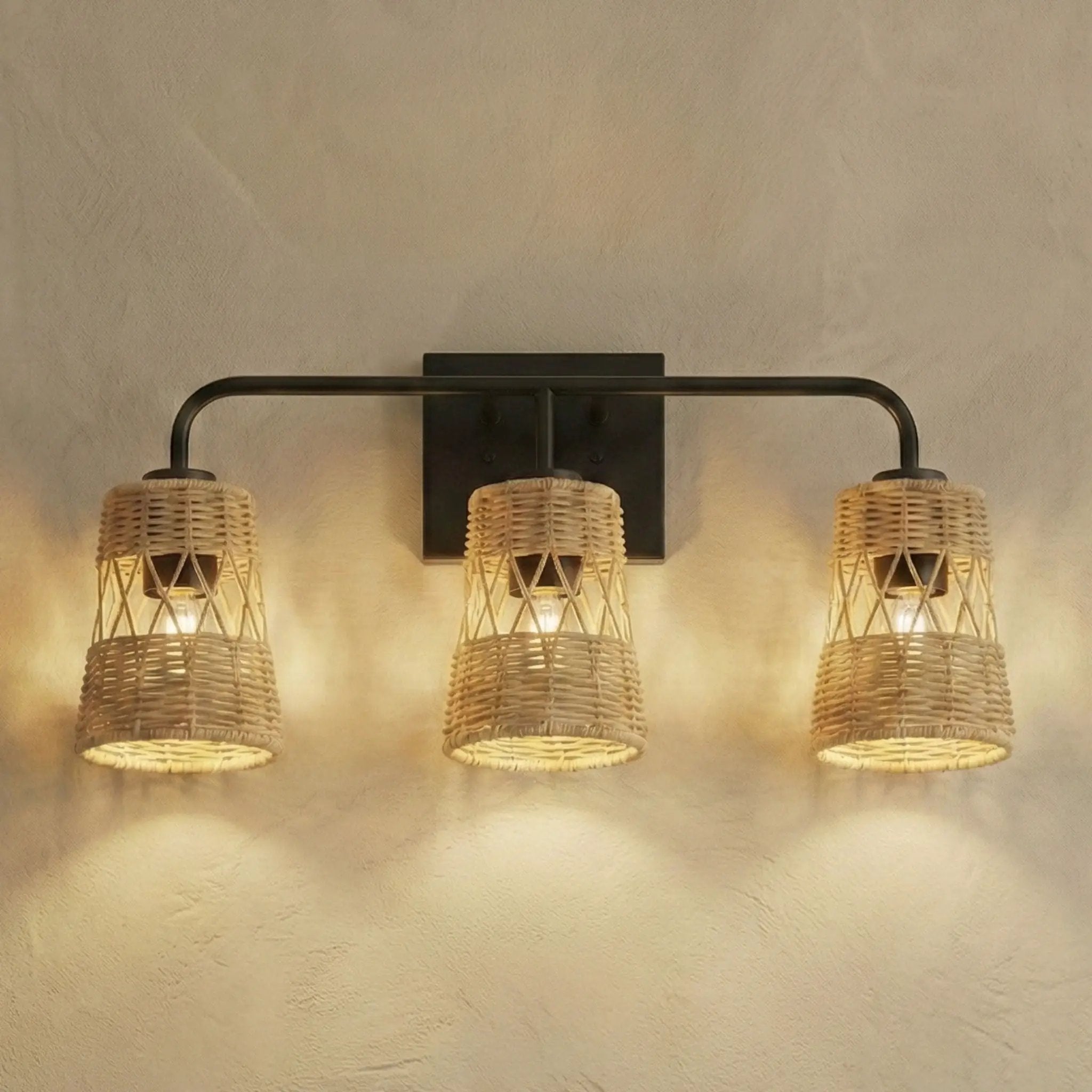 Moonlit - 3 Lights Wall Sconce With Shade, Bathroom Lighting Fixtures Over Mirror - Black / Rattan by HouseOfZazla