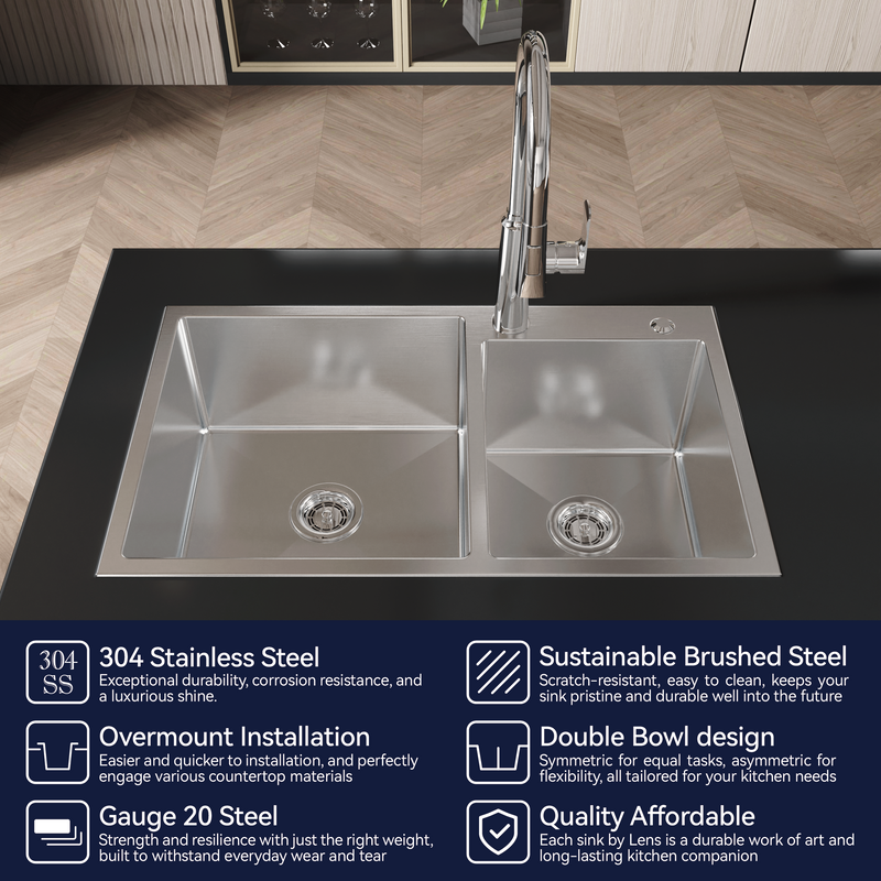 Stainless Steel Kitchen Sink, 32"x19" Double Bowl in Brushed Nickel by HouseOfZazla