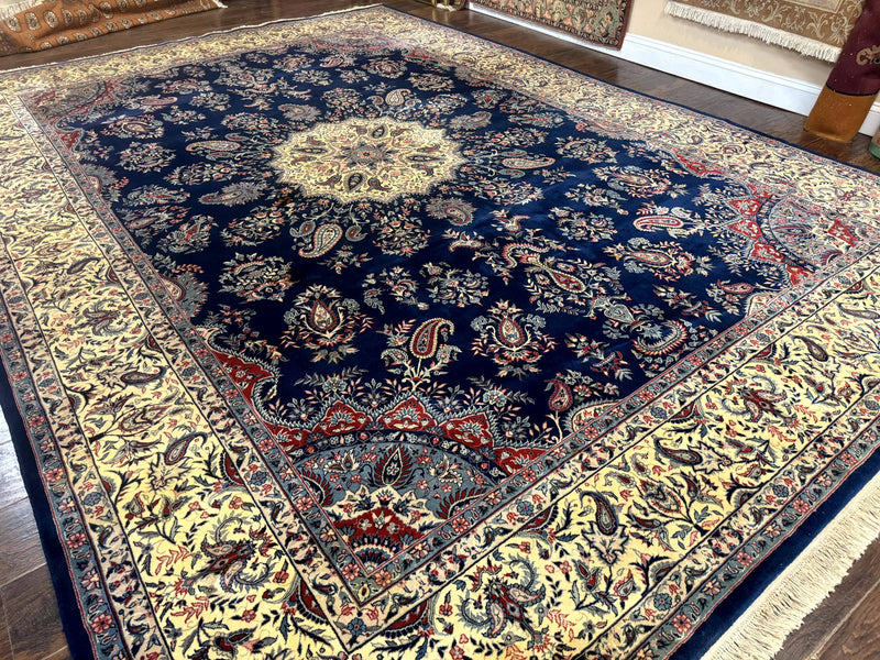 Sino Persian Kerman Rug 10x14, Blue and Beige, Floral Medallion, Fine 240 KPSI by Jewel Rugs