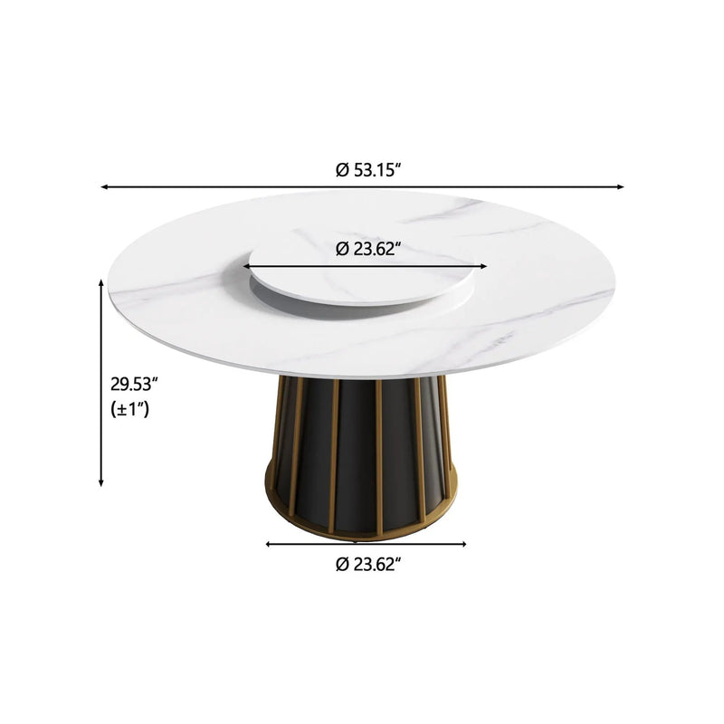 53.15" Modern Artificial Stone Round Panel Metal Iron Base Dining Table, Can Accommodate 6 People-23.62" Artificial Stone Turntable (Not Including Chairs) - White / Black by Unique Piece Furniture