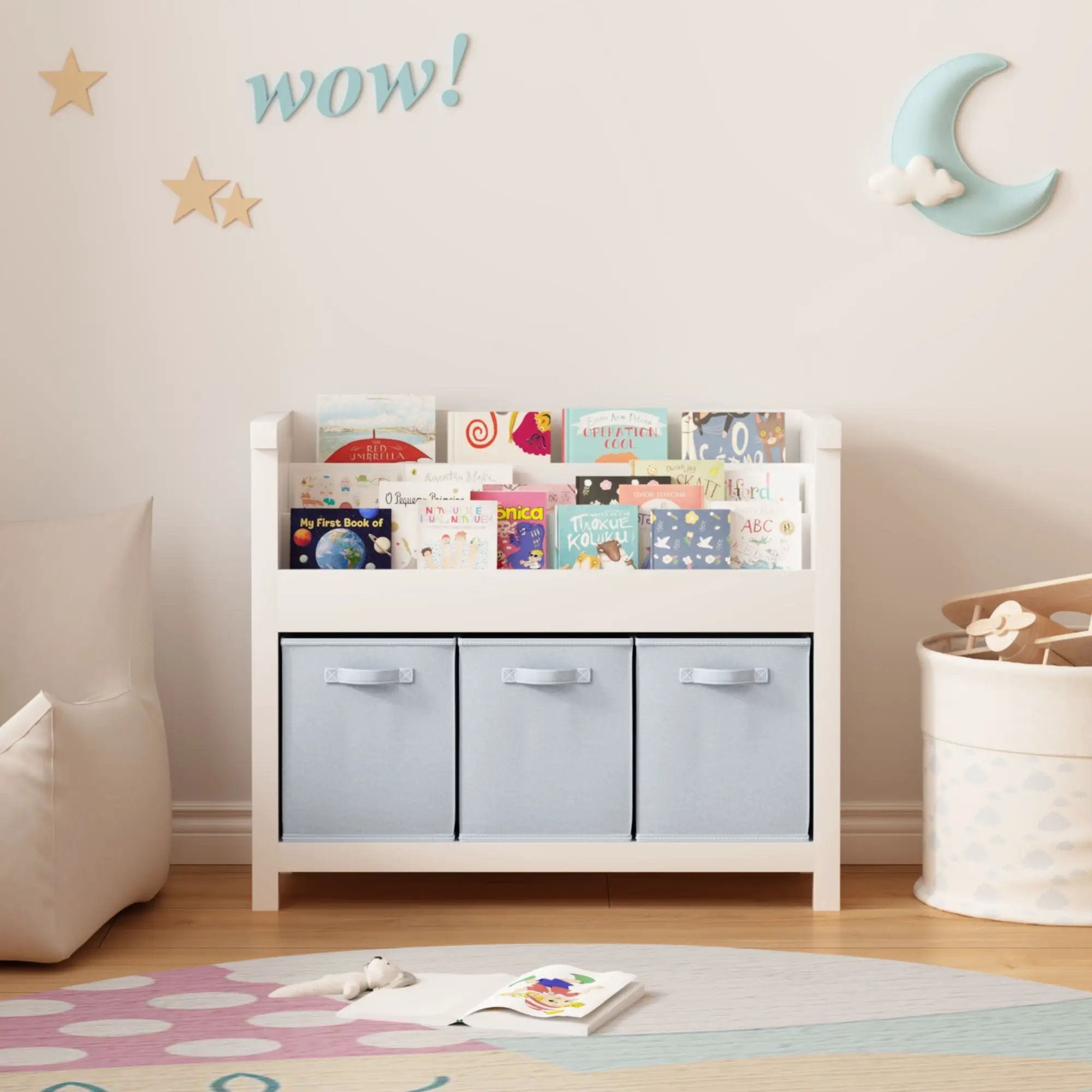 Bookshelf With 3 Tier Front Facing Storage And 3 Bins, Toddler Bookcase For Playroom - White by Unique Piece Furniture