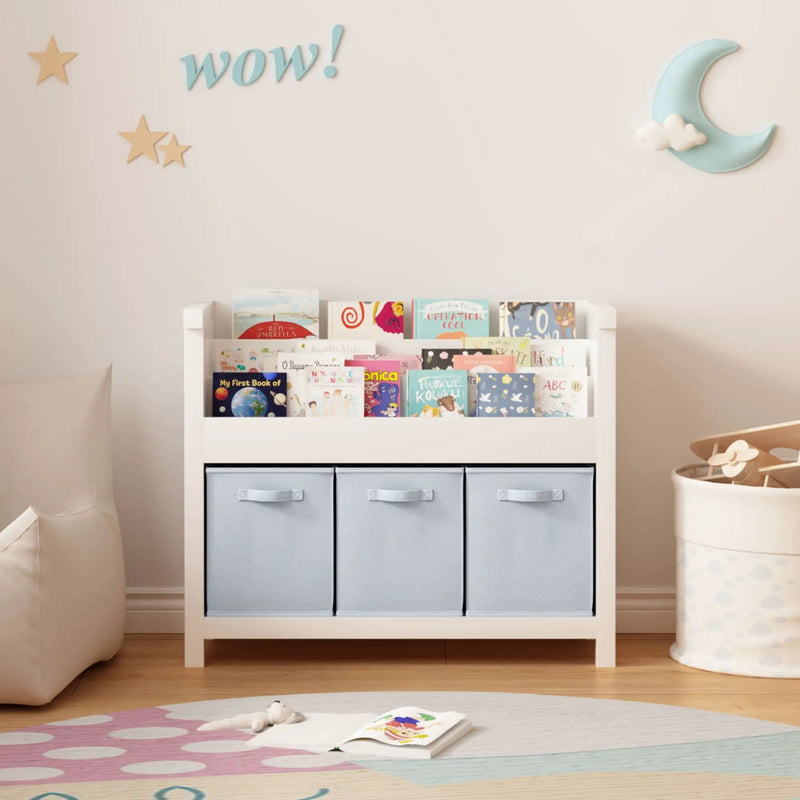 Bookshelf With 3 Tier Front Facing Storage And 3 Bins, Toddler Bookcase For Playroom - White by HouseOfZazla