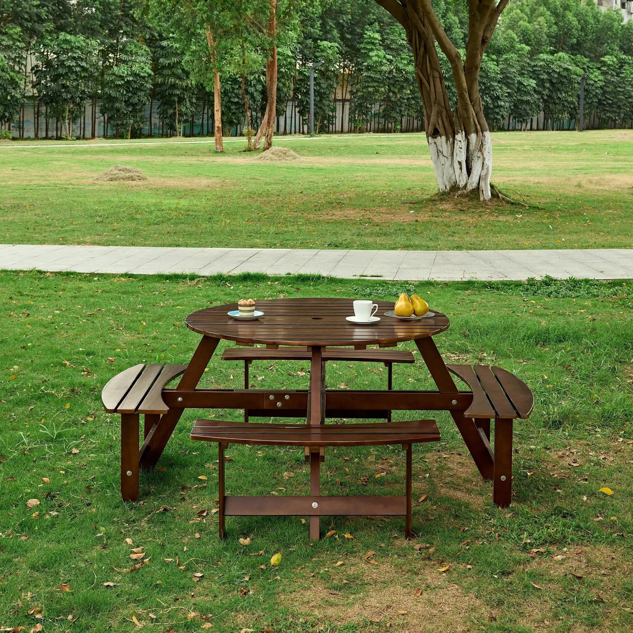 Outdoor 8 Person Round Picnic Table with Built-In Benches by HouseOfZazla
