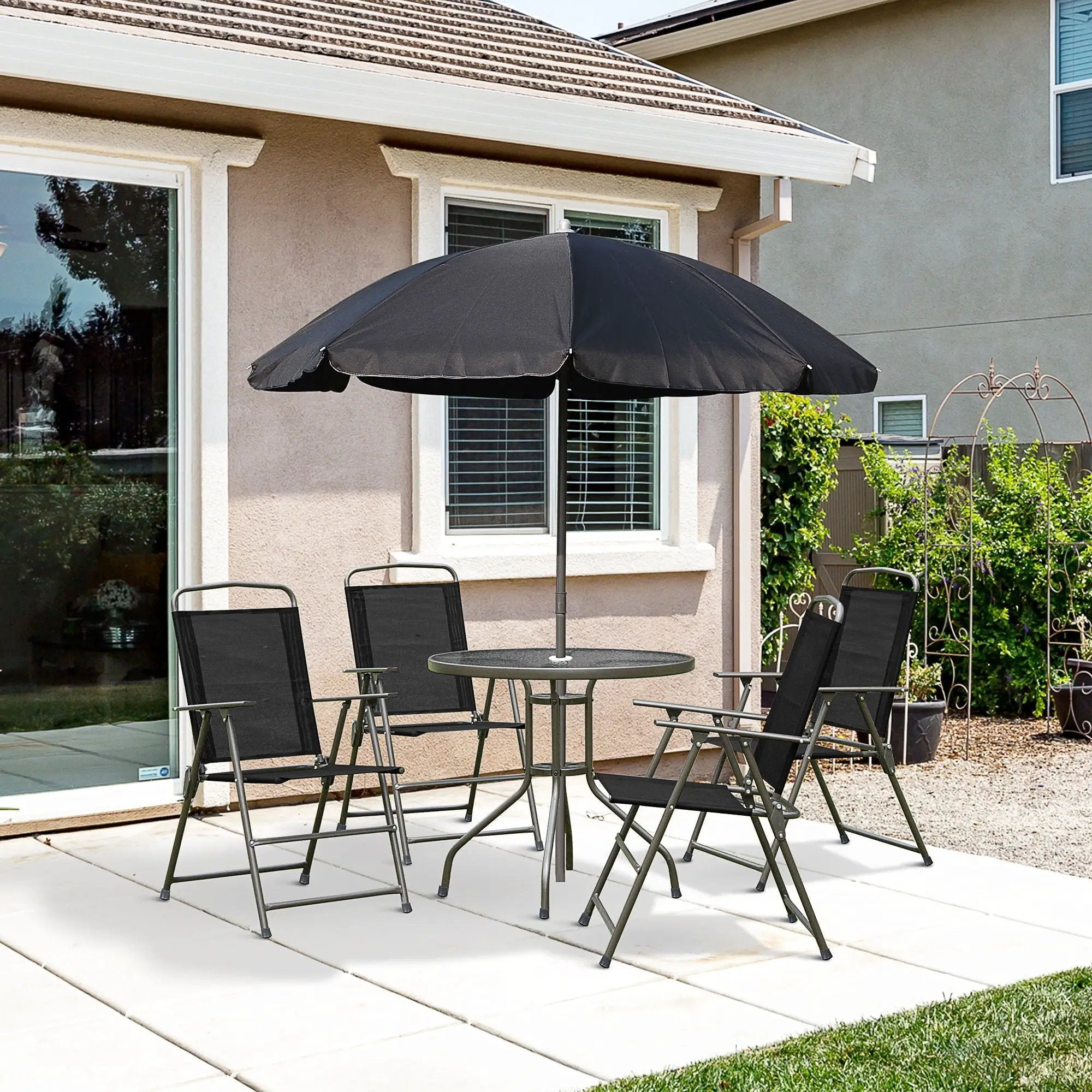 Outsunny - Patio Dining Set With Table Umbrella, Folding Chairs And Dining Table, Outdoor Patio Furniture Set by HouseOfZazla