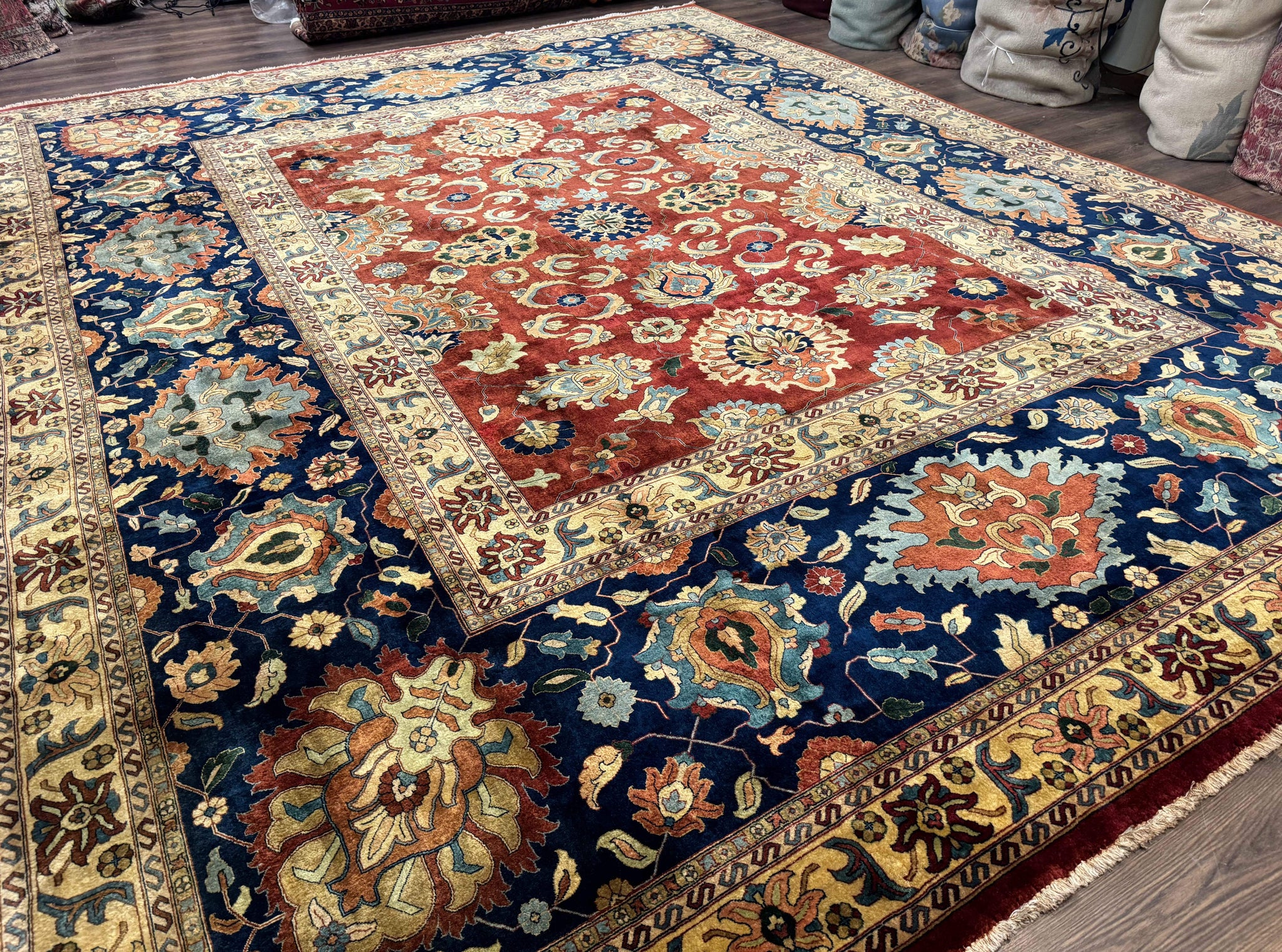 Palace Size Indo Persian Rug 12x15, Sultanabad Mahal Carpet, Red Navy Blue, Fine 210 KPSI by Jewel Rugs