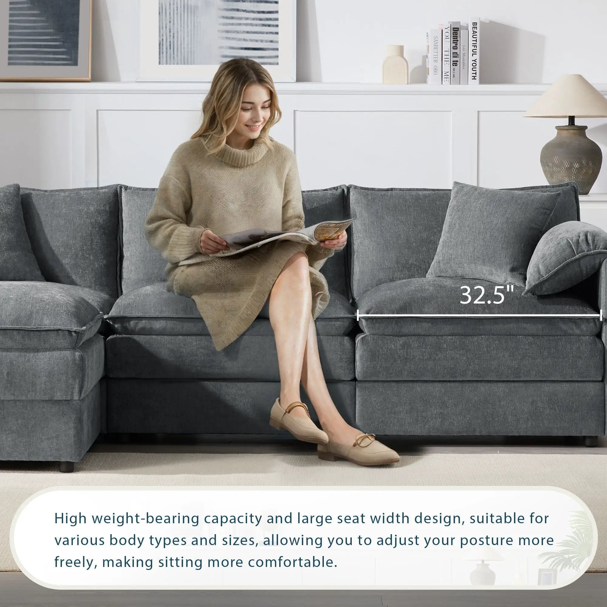 Modular Sectional With Deep And Wide Seat, Cloud Couch Set With Double Cushions Sofa With Movable Ottoman by Unique Piece Furniture