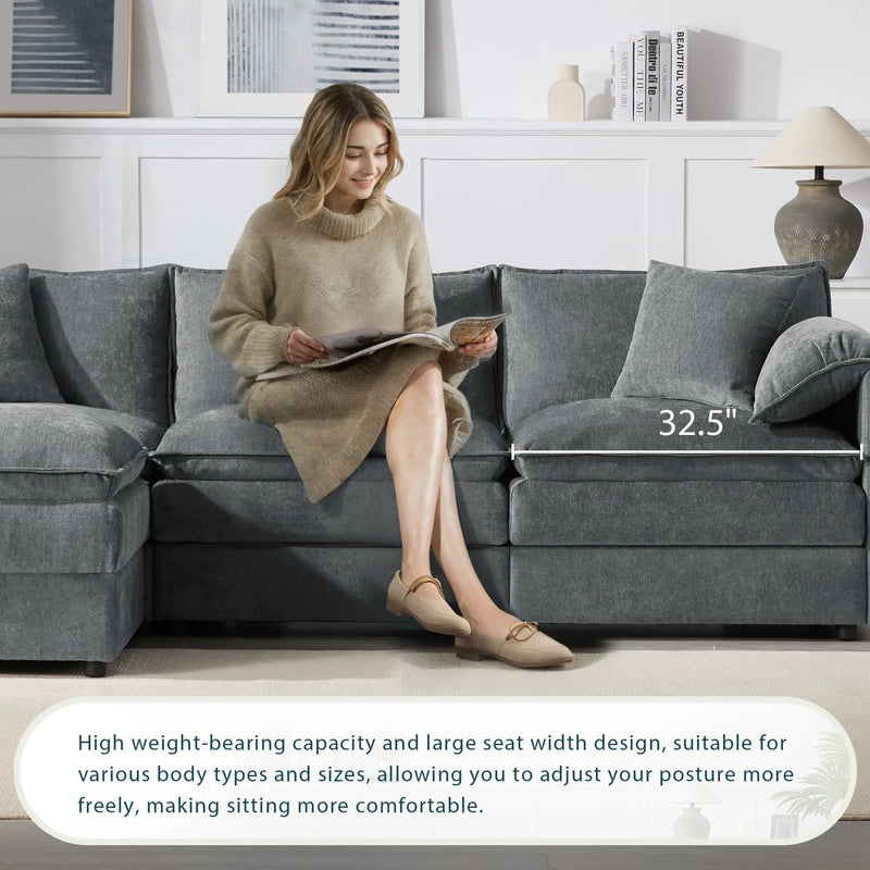 Modular Sectional With Deep And Wide Seat, Cloud Couch Set With Double Cushions Sofa With Movable Ottoman by HouseOfZazla