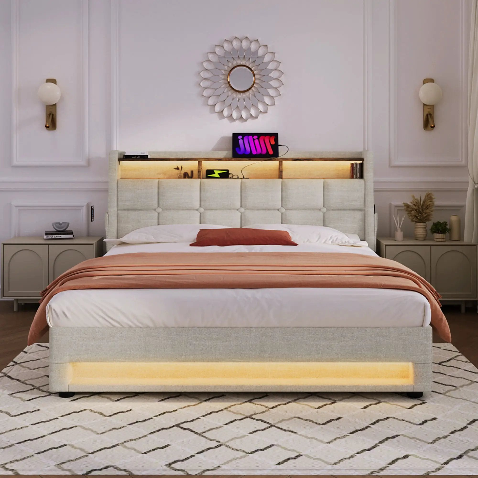 Upholstered Platform Bed With A Hydraulic Storage System, LED And USB Charging (Without Mattress) by Unique Piece Furniture